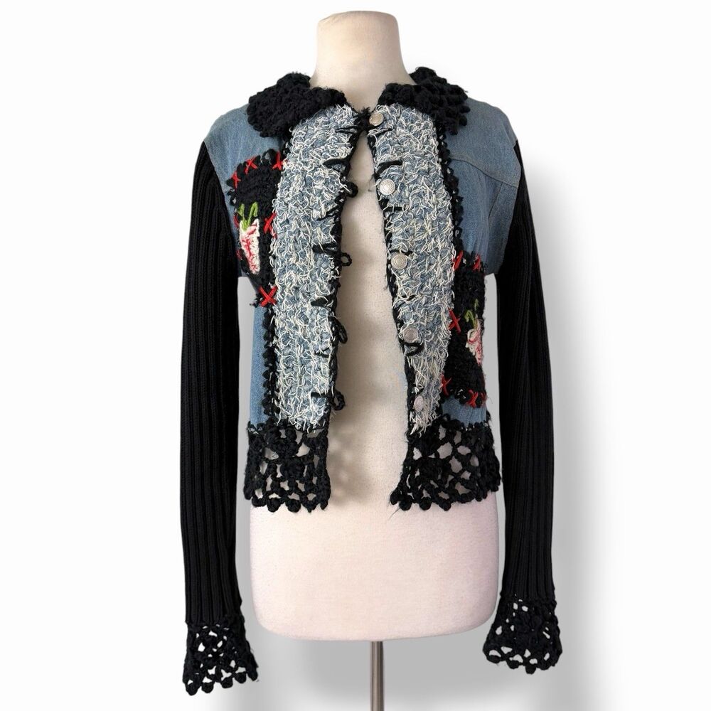 Twiggy London Vintage Boho Denim Knit Crochet Patchwork Cardigan Jacket Large